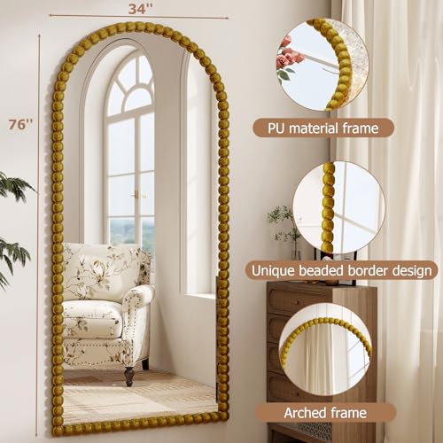 34"x76" Gold Arched Full Length Mirror, Vintage Beaded Decorative - color: Gold, size: 76"L x 34"W