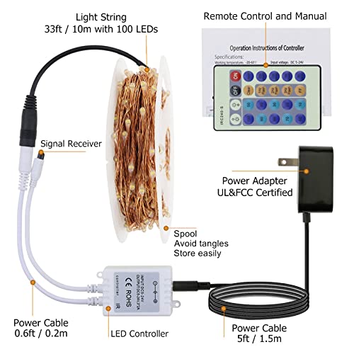 RUICHEN Fairy Lights Plug in with Remote, Copper Wire 33 Ft 100 LED, Orange - color: Orange