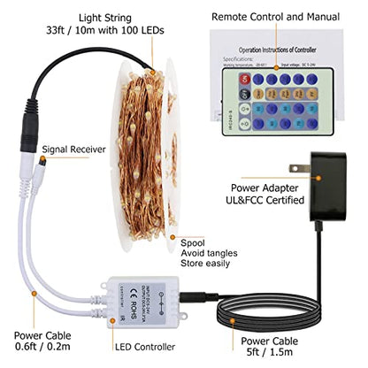 RUICHEN Fairy Lights Plug in with Remote, Copper Wire 33 Ft 100 LED, Orange - color: Orange