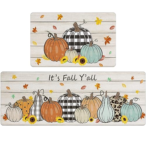 Pauwer Fall Kitchen Rugs Set of 2, Pumpkin Truck Anti Fatigue Kitchen Mat - color: Plaid Pumpkin