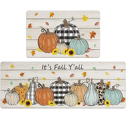 Pauwer Fall Kitchen Rugs Set of 2, Pumpkin Truck Anti Fatigue Kitchen Mat - color: Plaid Pumpkin