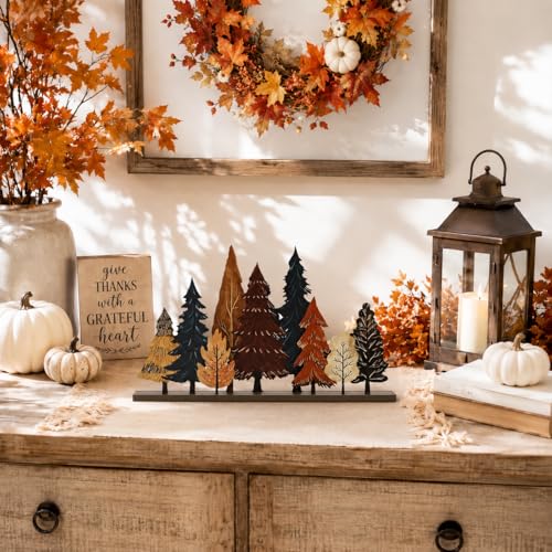 Smile Fall Thanksgiving Wooden Standing Decor, Autumn Forest Maple Pine Tree Tiered Tray Signs with Stands for Rustic Farmhouse Home Kitchen Shelf Decor - style: Fall Tree