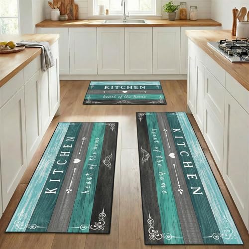 Kitchen Rugs Sets of 3 Non Slip Washable Mats for Floor, Wooden - color: Turquoise Teal Wooden