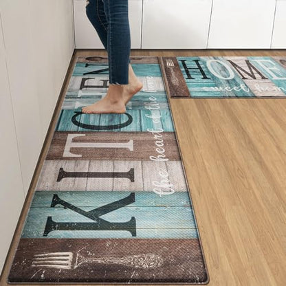Arttown Anti-Fatigue Kitchen Rug Set of 2, Waterproof Non-Slip, Teal Brown - color: Home Sweet Home Teal Brown Kitchen Mat, size: 17.3 x 47 inch + 17.3 x 29 in