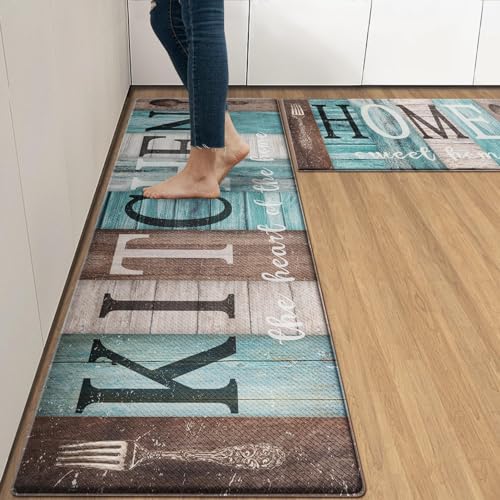 Arttown Anti-Fatigue Kitchen Rug Set of 2, Waterproof Non-Slip, Teal Brown - color: Home Sweet Home Teal Brown Kitchen Mat, size: 17.3 x 47 inch + 17.3 x 29 in