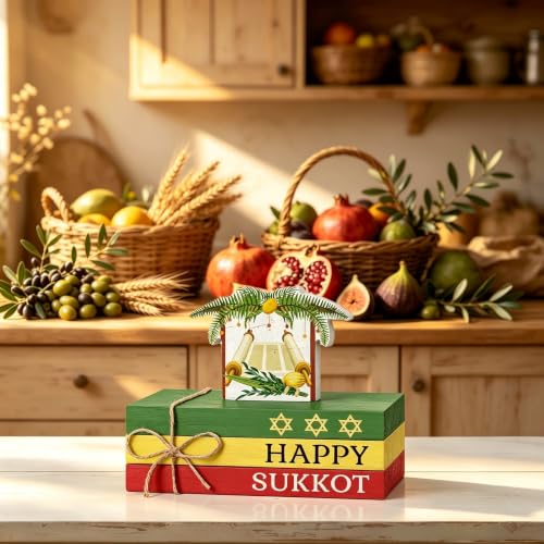 Smile Sukkot Wooden Block Decor, Happy Sukkot Star of David and Sukkah Shelf Tiered Tray Tabletop Signs for Jewish Holiday Decor - style: Sukkot