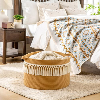 KAKAMAY Large Blanket Basket with Handles, Storage Basket for Living Room - color: Brown Fringe