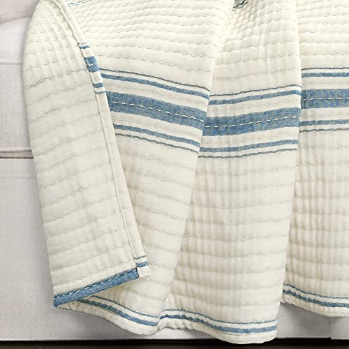 Lush Decor Farmhouse Stripe Kantha Pick Stich Yarn Dyed Cotton Woven Throw Reversible Ticking Pinstripe Design Blanket, 50" x 60", Blue - color: Blue