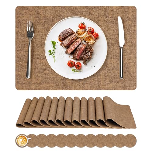 NCUE Vinyl Placemats Set of 12, 17"x12" Wipeable Place Mats with Coasters - color: Light Brown, size: Set of 12