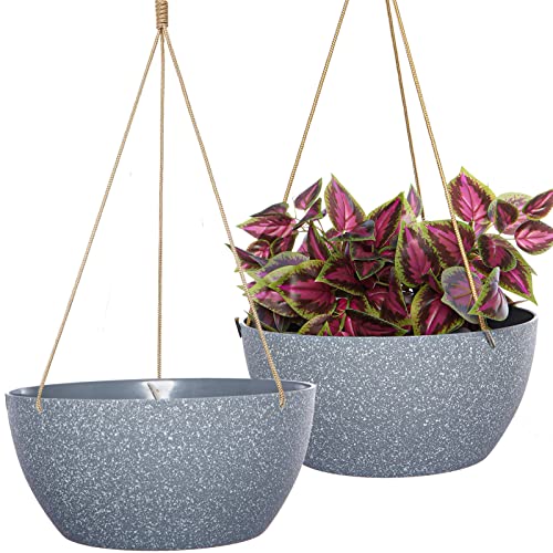 SwinDuck 12 Inch 2 Pack Large Hanging Planters for Indoor Outdoor Plants, Plastic Hanging Basket Pots for House Plants Flowers, Grey - color: Grey Speckles, size: 12inch