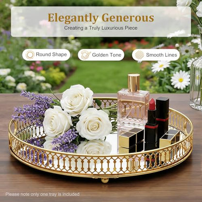 Serving Tray, Gold Perfume Tray 12.6"x1.6" Mirrored Vanity Tray Glass Metal Trinket Storage Tray Decorative Jewelry Tray for Dresser Bathroom Countertop (Round) - size: 12.6"