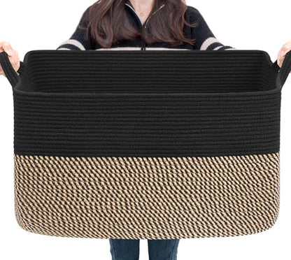 Goodpick 75L Extra Large Woven Blanket Basket, 22" x 17" x 12", Black Jute - color: Black, size: 22"L x 17"W x 12"H