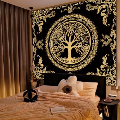 Black Golden Boho Tapestry for Bedroom, Hippie Tree of Life Wall Tapestries - color: H - Black Golden Tapestry, size: 60"L x 51"W