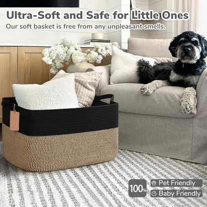 Goodpick 75L Extra Large Woven Blanket Basket, Rectangle, Black & Jute - color: Black Jute, size: 22"L x 17"W x 12"H