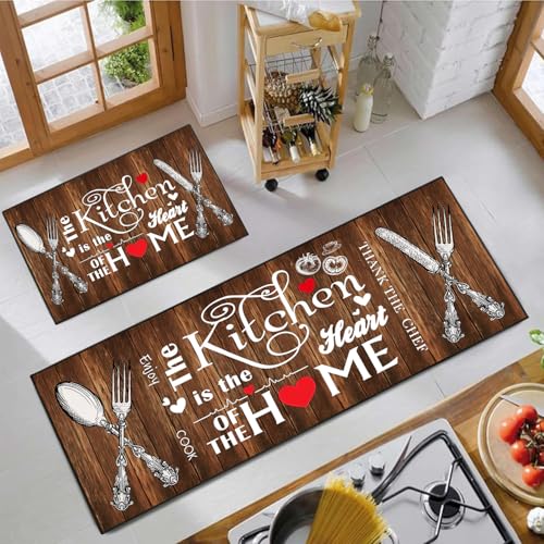 Kitchen Mats for Floor 2 Piece Set,Farmhouse Kitchen Rug Vintage Style Theme Decor,Absorbent Washable Non-Slip Floor Mats 17x30+17x47 Inches - color: Brown