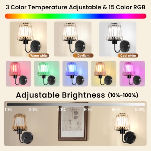 Crystal Battery Operated Wall Sconces Set of Two for Bedroom, Black - color: Black
