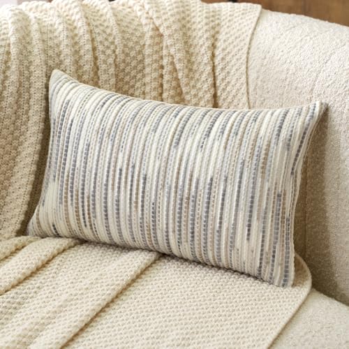 Aeckself Boho Striped Pillow Cover 12x20, Rectangle Decorative Lumbar Throw Pillow Cover Chenille Neutral Pillowcase for Couch Bedroom Living Room, Gray White - color: Gray White, size: 20" x 12" (Pack of 1)