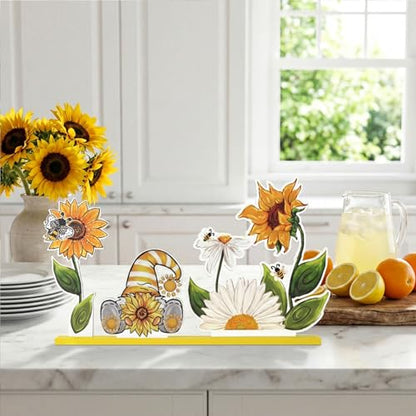 Smile Summer Indoor Decorations Wooden Decor, Sunflower Gnome, Sign for Home Tabletop Centerpiece Mantel Shelf Fireplace - style: Summer Sunflower