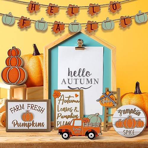 Maitys 23 Pcs Fall Tiered Tray Decor, Pumpkin Maple Leaf Truck Wooden Sign