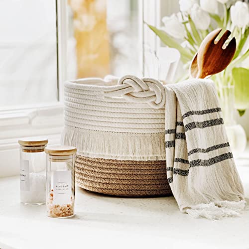 CherryNow Small Woven Rope Baby Basket with Tassel, 9.5" x 7", Jute - color: White & Camel, size: 10L (9.5"W x 7"H)