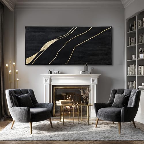 Black Gold Hand Painted Abstract Canvas Wall Art Living Room 32x70 Inch - color: Black, size: 70"L x 32"W