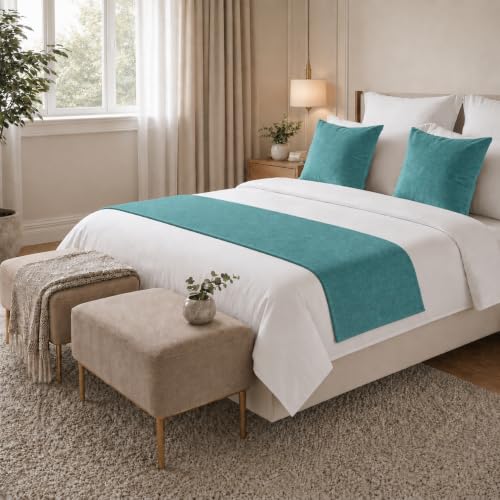 Solid Bed Runner Set,2 Pillow Covers,Teal,70.9x19.7in - color: Teal, size: Twin/Twin XL