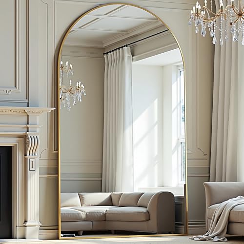 Prywot Full Length Mirror, Oversized 77"x38" Arched-Top Floor Mirror, Gold - color: Gold, size: 77"L x 38"W