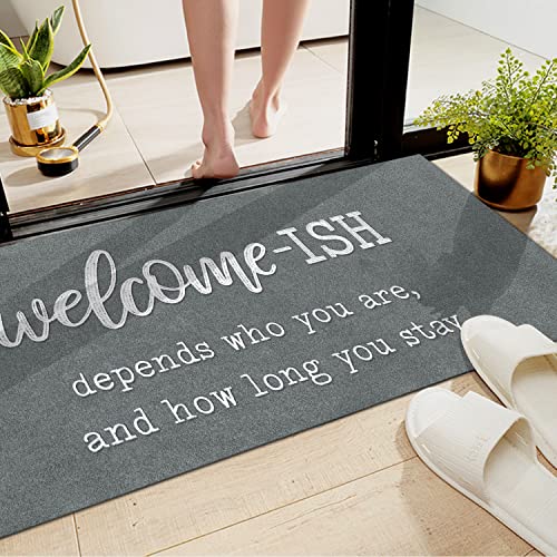 JJUUYOU Large Welcome Mats Front Door Mat Indoor Entrance with Non Slip Rubber Back Funny Welcome-ish Doormats Durable Floor Door mats for Kitchen Entryway Laundry 18"x47" - color: Welcome Ish-light Gray, size: 18" x 47"