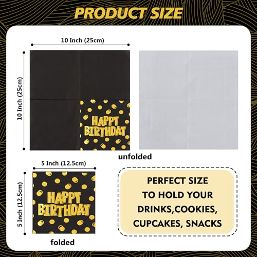 Vuzvuv 52 Pack Birthday Cocktail Napkins with Cute Dots Gold Stamping - Happy Birthday Party Dinner Hand Napkin for Party Supplies Decorations Table Decor for women man(5" Folded 3 Ply-Black) - color: Polka Dot Black