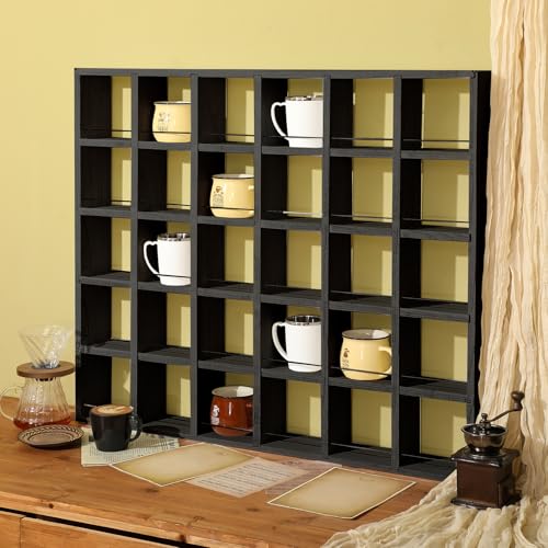 Kigley Oversize Coffee Mug Display Rack Wooden Shelves Rustic Shot Glass Display Case Travel Mug Shelf Wall Mounted Rack Holder Shadow Box(5 x 6,Black) - color: Black, style: 5 x 6