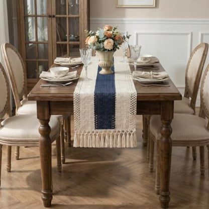 Boho Macrame Table Runner with Tassels 48in Blue Farmhouse Runner - color: White & Blue, size: 12'' x 48''