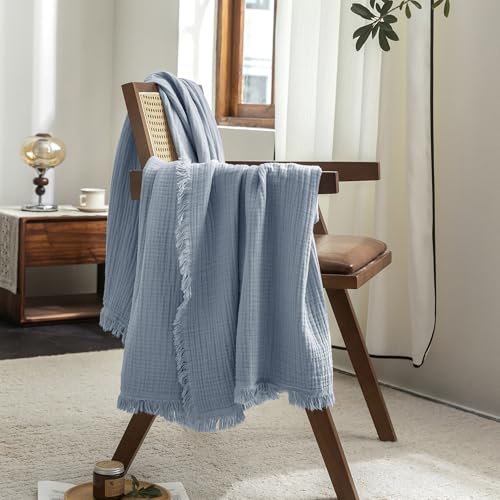 FOSSA Muslin Blanket 4-Layer 100% Cotton Gauze Blanket with Fringe 50"x70" - color: Cornflower Blue, size: Throw XL (50" × 70")