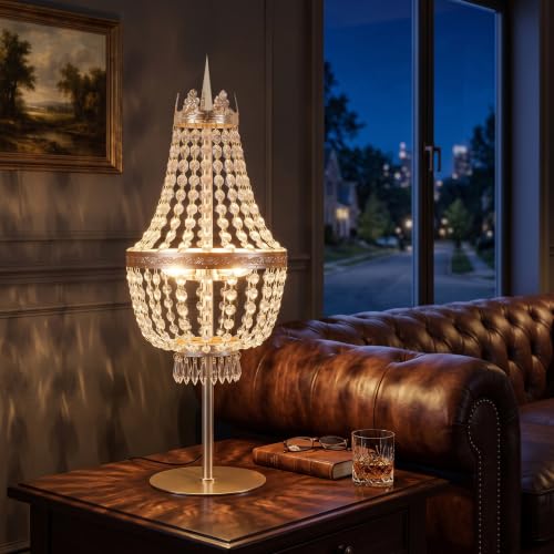 25.6in Height Clear Crystals Table Lamp for Living Room,Modern Tall Bedside Lamp for Bedroom Living Room Study Room (Gold Crown) - color: Gold Crown