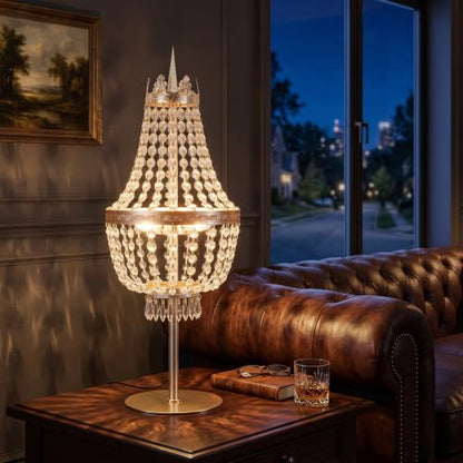 25.6in Height Clear Crystals Table Lamp for Living Room,Modern Tall Bedside Lamp for Bedroom Living Room Study Room (Gold Crown) - color: Gold Crown