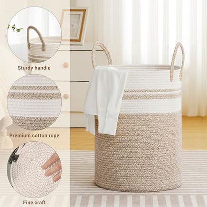 100L Extra Large Tall Cotton Rope Laundry Basket with Handle, White & Brown - color: Brown & White, size: 100L
