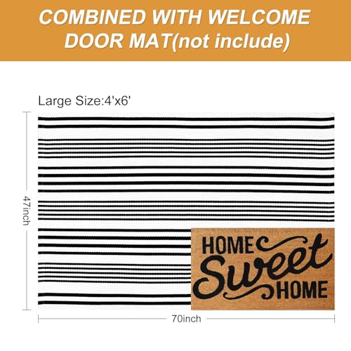 LEEVAN 4'X6' Black and White Striped Woven Cotton Reversible Outdoor Rug - color: 1white Strip, size: 4' x 6'