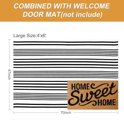 LEEVAN 4'X6' Black and White Striped Woven Cotton Reversible Outdoor Rug - color: 1white Strip, size: 4' x 6'