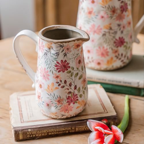 Vintage Colorful Daisy Flora Ceramic Vase with Handle, Retro Ice Glazed Crack Farmhouse Pitcher Vase for Home Decor, Living Room, Shelf, Office, Rustic Table Centerpiece 7 Inch - color: Colorful Daisy, size: Small Pitcher