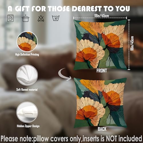 Abstract Botanical Art Floral Throw Pillow Covers 18x18, Mid Century Modern Terracotta and Orange Flower Decorative Pillowcases for Living Room Home Bedroom Set of 4 - color: Green & Orange 5, size: 18" x 18" (Pack of 1)