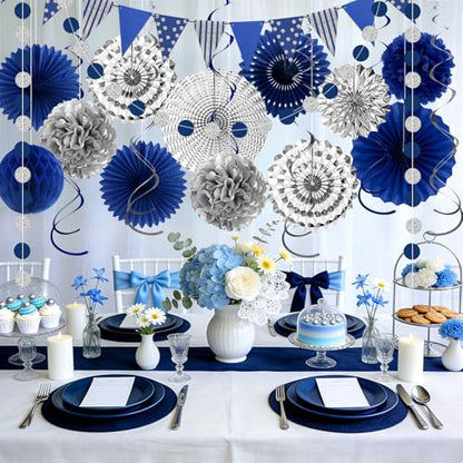 24 Pcs Blue Silver Party Decorations, Paper Fans Pom Poms Banner 8-16 in - color: Blue and Silver