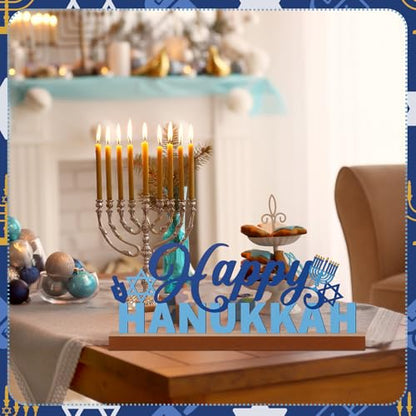 Yaocom 13.78 Inch Happy Hanukkah Table Decoration Happy Hanukkah Metal Letter Sign Star of David Freestanding Tabletop Centerpiece with Wooden Base Cutout Word Sign for Home Mantel Shelf Fireplace - style: Hanukkah