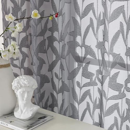 OWENIE Leyna Grey Sheer Curtain 24 Inch Length Cafe Curtains 2 Panels - color: Charcoal Gray, size: 28"W x 24"L (Pack of 2)
