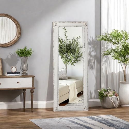 Rustic Full Length Mirror with Stand 60" x 24", Distressed White - color: White