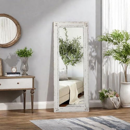 Rustic Full Length Mirror with Stand 60" x 24", Distressed White - color: White