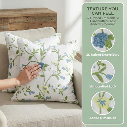 Blue Yellow Green Floral Embroidered Pillow Covers 18x18 Set of 2 - color: Blue Green Yellow, size: 18" x 18" (Pack of 2)