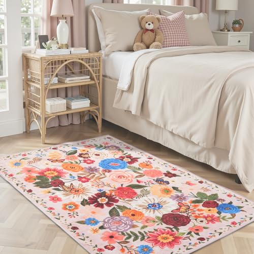 Blush Floral Entryway 3x5 Rug for Bathroom Bedroom Washable Rug - color: Blush Beige, size: 3' x 5' (Rectangular)