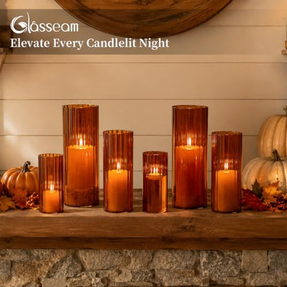 Glasseam Hurricane Glass Candle Holders, 6 Pcs Amber Ribbed Flower Vase Set - color: Amber