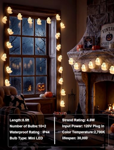 8.5FT Halloween Ghost Lights Outdoor, 10 LED Plug in Halloween Lights - color: Ghost String Lights