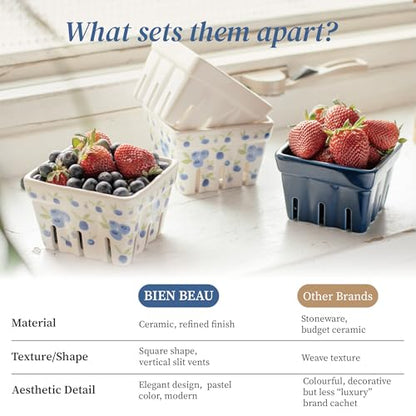 BIEN BEAU Ceramic Berry Baskets Set of 4, Blueberry Colander Fruit Bowls - color: Blue