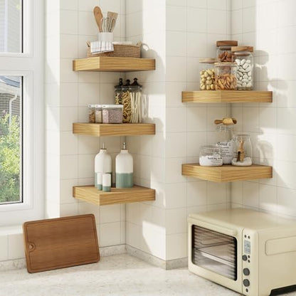 Floating Shelves for Wall, Wall Mounted Wood Shelves, Oak, Set of 3, 6.5” - color: Oak, size: 6.5"W x 6.5"D , 3 Pack